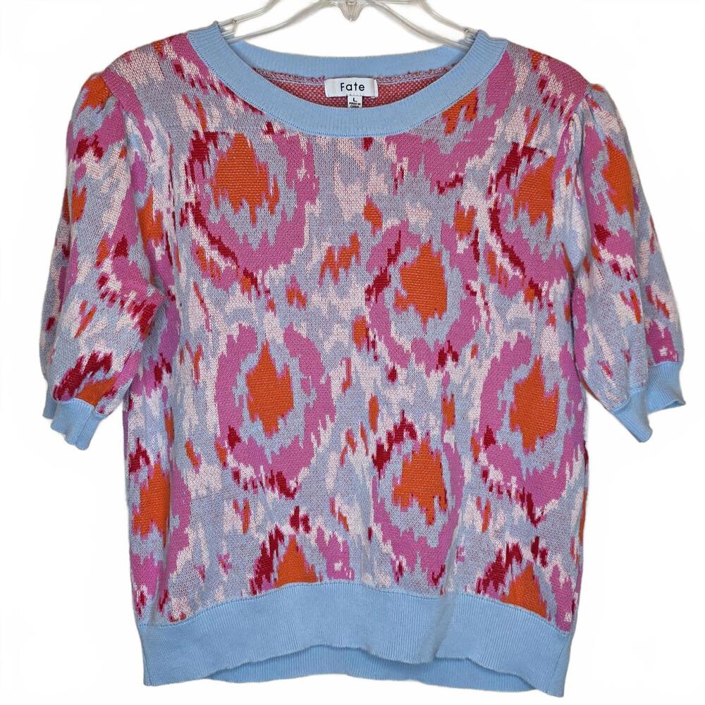 Fate Ikat Puff Sleeve Sweater Blue Pink Orange Size Large Boho Preppy